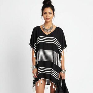 C&T Beach Black & White Striped Fringe Trim Short Sleeve Swim Cover Up L